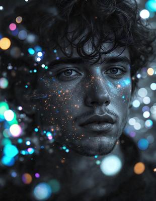 The primary subject of the image is a man with curly hair, who is looking at the camera. He has a beard and is wearing a black shirt. The setting is a dark room with a blue background, which adds a dramatic and moody atmosphere to the scene. The visual style is a close-up of the man's face, emphasizing his features and expression. The colors in the image are predominantly blue, which contributes to the overall mood and ambiance.